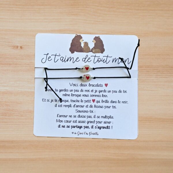 Duo de bracelets cœur lumineux pour futur grand frère ou grande sœur, cordons noir pour rassurer et adoucir la séparation.