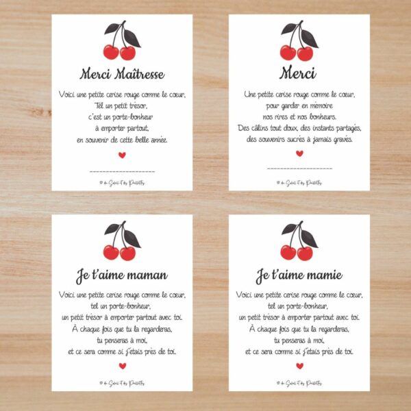 le porte clé cerise peut être accompagné d’une petite carte au choix pour dire Merci à une maîtresse, Je t’aime maman, Je t’aime mamie ou simplement chérir uen amitié