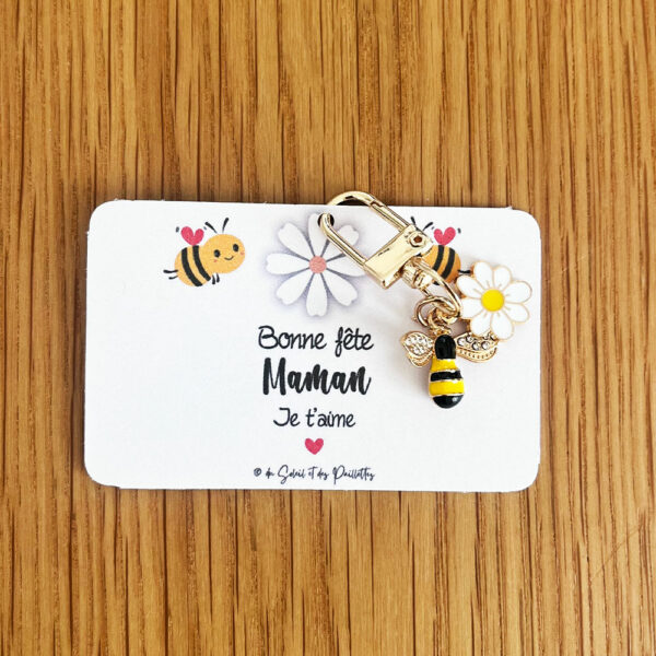 Le porte-clé abeille s’accompagne d’une mini carte cadeau illustrée à message doux et symbolique